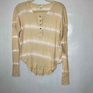 Billabong Women's XS Thermal Knit Top Button Front Long Sleeve‎ Beige White